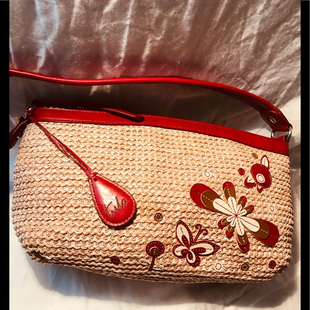 Tula Straw Shoulder Bag with red leather trim